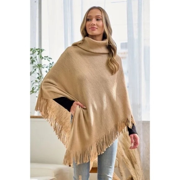 Sweaters - SOLD OUT Taupe Cowl Neck Knit Sweater Fringe Poncho Women's Casual One Size
